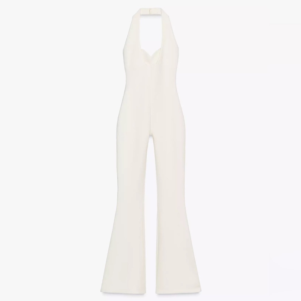 Zara NWT Interlock Flare Cotton Blend Sweetheart Neckline Halter Jumpsuit- Small - Picture 14 of 16
